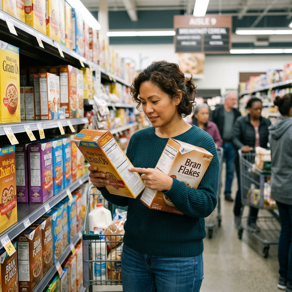 Woman comparing nutrition facts on two cereal boxes in a supermarket aisle