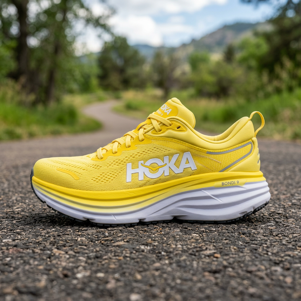 Yellow HOKA Bondi 9 running shoe on outdoor asphalt path