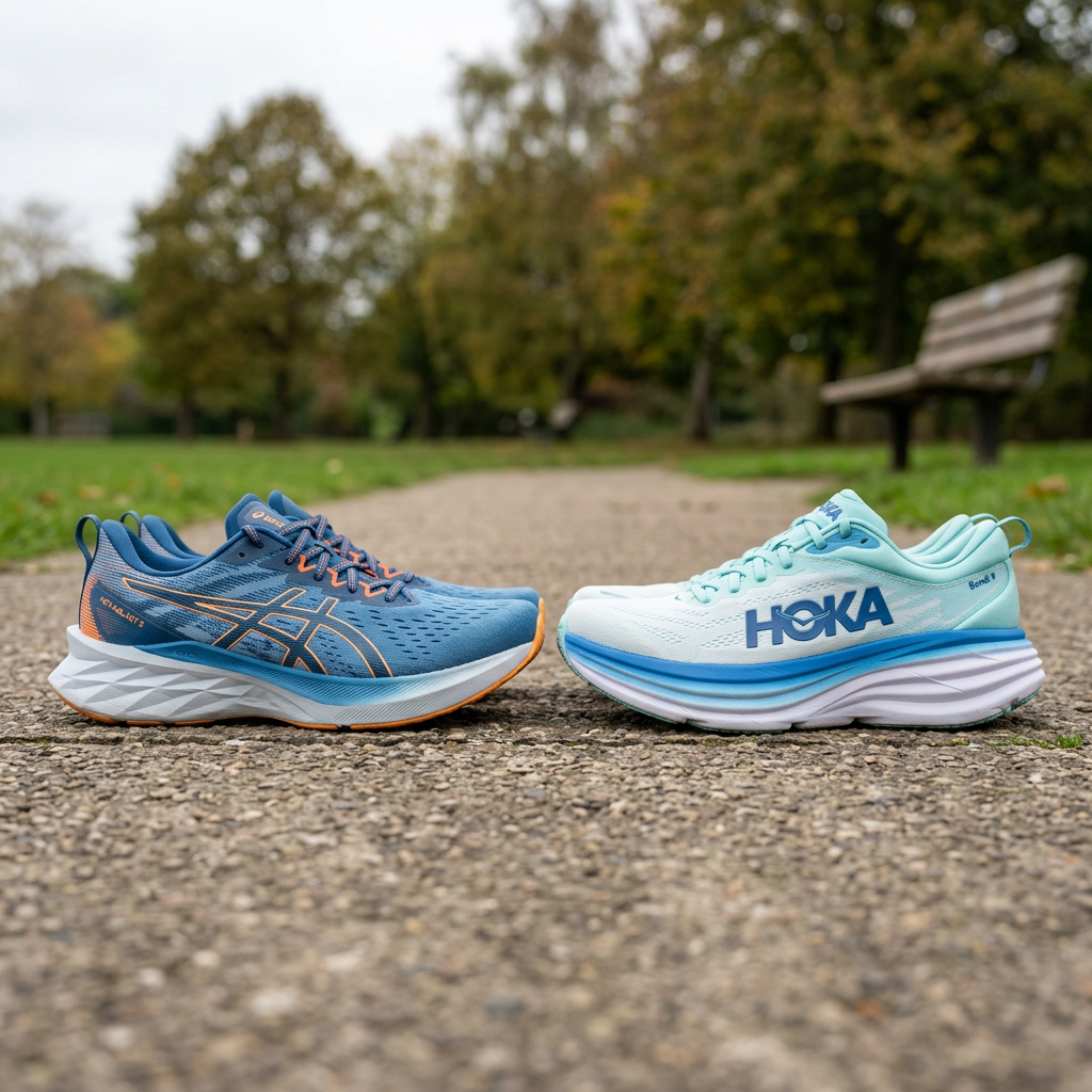 Blue ASICS running shoe and light blue HOKA running shoe facing each other on a paved path