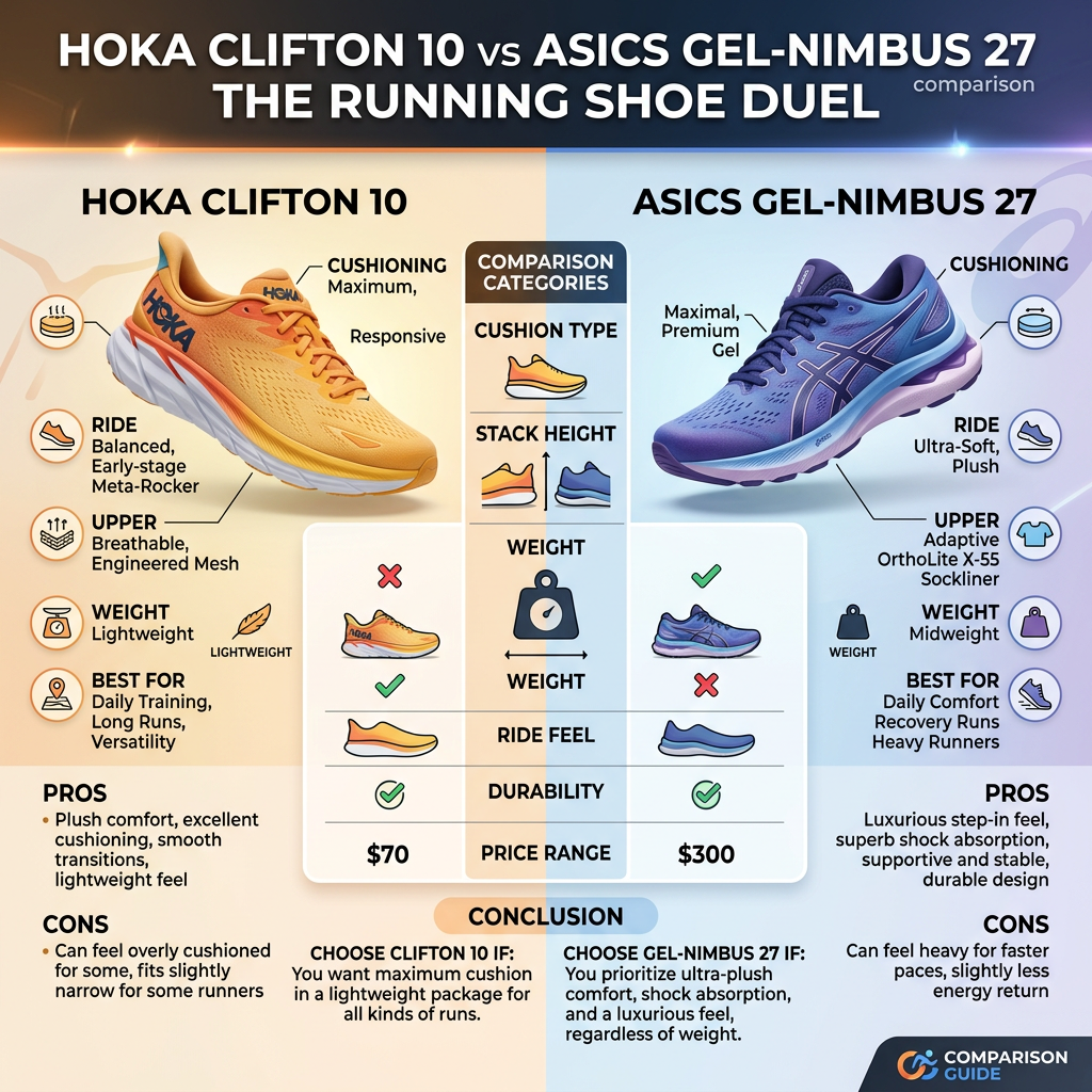 Comparison infographic of Hoka Clifton 10 versus Asics Gel-Nimbus 27 running shoes with details on cushioning, ride, upper, weight, pros, cons, and best use.