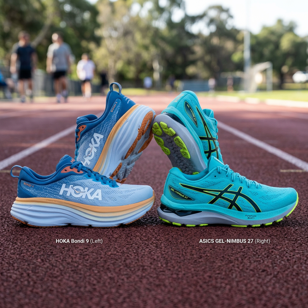 HOKA Bondi 9 and ASICS GEL-NIMBUS 27 running shoes placed on a running track