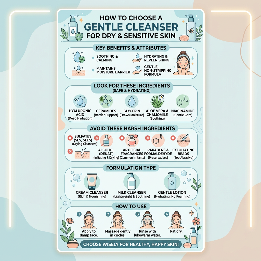 Guide on choosing gentle cleanser with key benefits, ingredients to use and avoid, formulation types, and usage steps